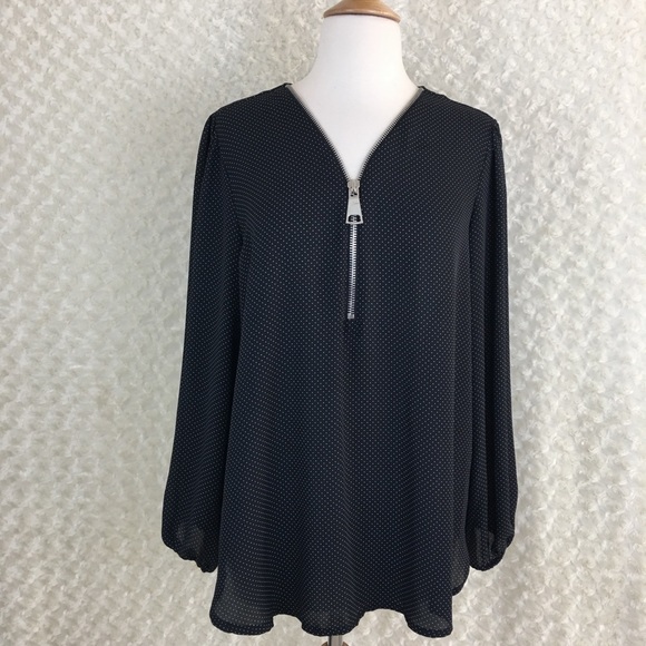 Premise Tops - Polka Dot Long Sleeve Zip Front Blouse Top Size 0X